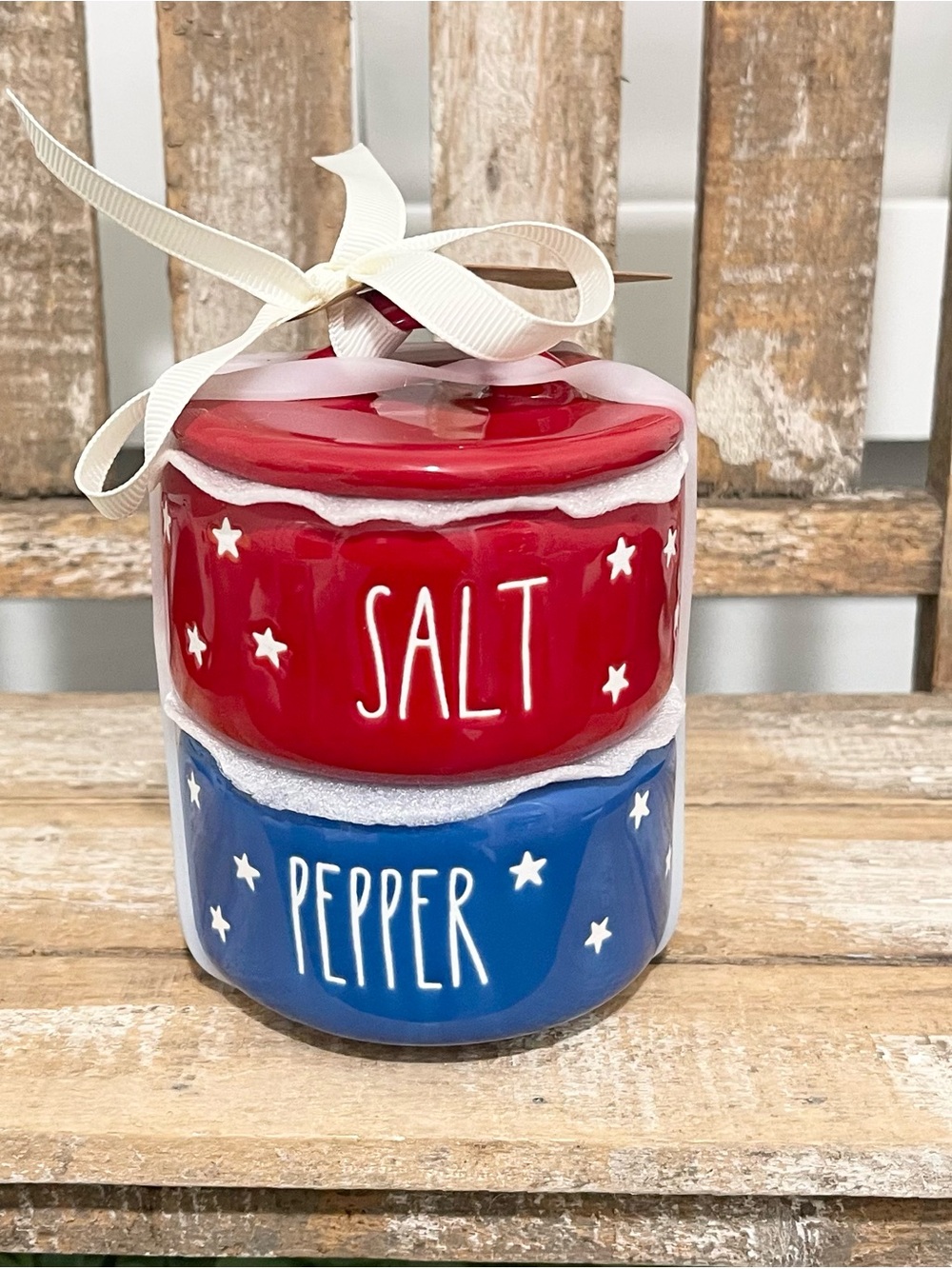 Rae Dunn Red & Blue Salt and Pepper Ceramic Stack